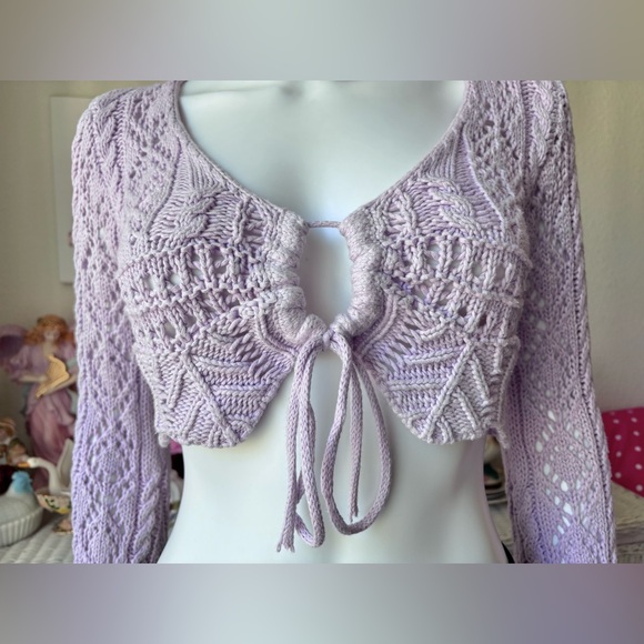 ASOS Emory Park crochet long bell sleeves crop top in lavender color Size Small - Picture 3 of 9